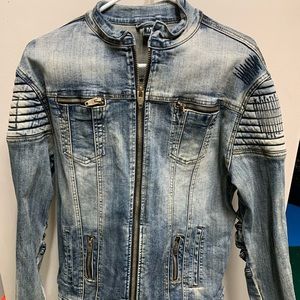 ANGEL COLA Men’s Biker Slim Fitted Distressed Washed Denim Biker Jacket M
